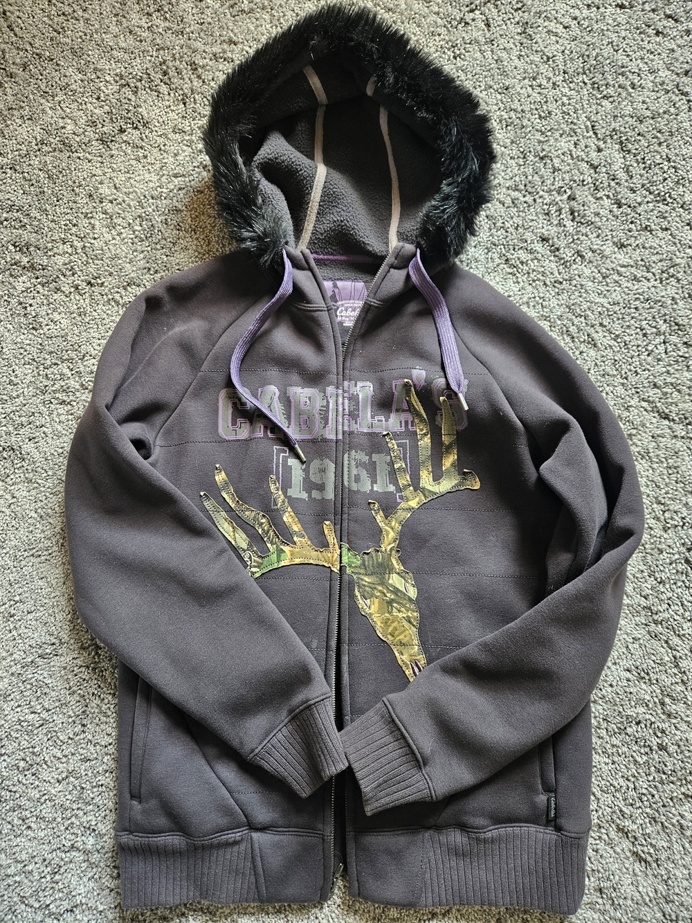 Womens' Dark Gray Hooded Zip Jacket with Faux Fur Trim